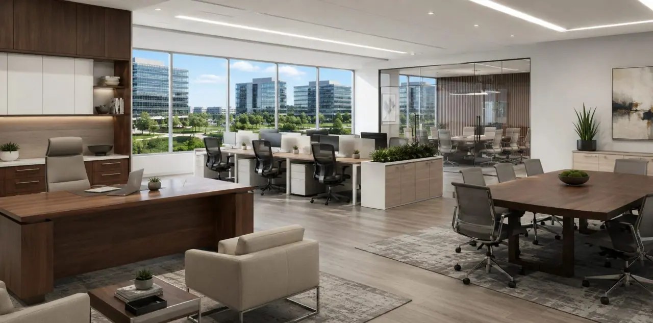Modern office interior with executive desk, open workstations, and glass-walled conference room